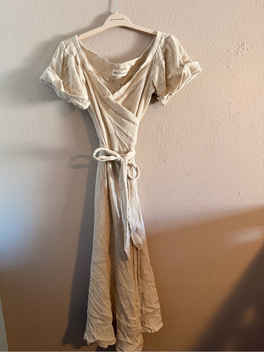 Mara Hoffman Cream Wrap Midi Dress with Puff Sleeves